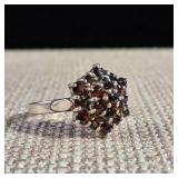 Size 9 Sterling Ring -  Three Tiers Garnet Cluster Ring -  Trilogy ring - 3.9g - January Birthstone