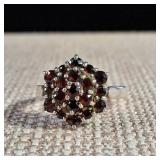 Size 9 Sterling Ring -  Three Tiers Garnet Cluster Ring -  Trilogy ring - 3.9g - January Birthstone
