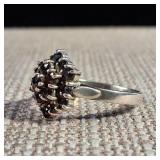 Size 9 Sterling Ring -  Three Tiers Garnet Cluster Ring -  Trilogy ring - 3.9g - January Birthstone