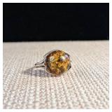 Rare Find! - Large Baltic Amber Half-Sphere - Sterling Silver Ring - Size 6.75 - 3.8g