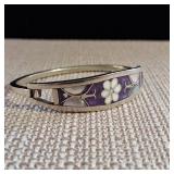 Silver Hinged Cuff Bracelet - Taxco Mexico - Abalone inlay - Butterflies & Flower - 12.9g