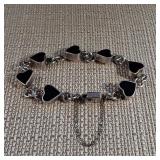 Sterling SIlver and Onyx - Heart Bracelet - Security Chain and Clasp - Mexico  21g