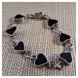 Sterling SIlver and Onyx - Heart Bracelet - Security Chain and Clasp - Mexico  21g