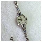 14K White Gold - Vintage 'Lady Hamilton' Cocktail Wristwatch Featuring Sapphires and Diamonds - Elegant 22 Jewel - 6 brilliant diamonds (real) - 17.83g total weight