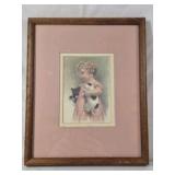 Framed Vintage Print – Child with Kitten and Black Cat