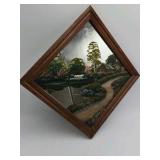 Diamond-Shaped Framed Painted Mirror – Signed K. Cumes