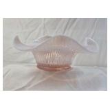Fenton Pink Opalescent Glass Bowl – Ruffled Rim with Ribbed Pattern