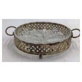 Vintage Glass Relish Tray – Starburst Pattern with Brass Holder