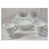 Fenton Hobnail Milk Glass Table Set – Creamer, Sugar, Bowl, Candlesticks