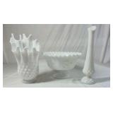 Fenton Hobnail Milk Glass Vases and Bowl