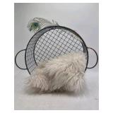 Vintage Wire Egg Basket with Faux Fur Liner and Peacock Feather
