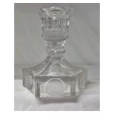 Vintage Glass Candlestick – Hexagonal Base with Coin Medallions