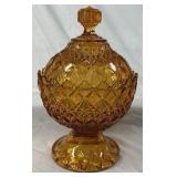Vintage Amber Glass Covered Candy Dish – Diamond Pattern Pedestal