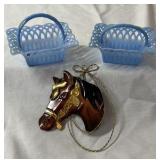 Blue Plastic Basket Pair and Horse Ornament