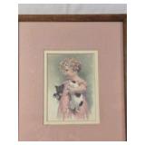 Framed Vintage Print – Child with Kitten and Black Cat