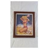 Framed Pin-Up Print – Blonde in Red Polka Dot Bikini on Beach
