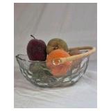 Vintage Glass Fruit Bowl – Embossed Fruit Design with Rattan Handle
