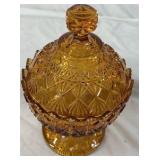 Vintage Amber Glass Covered Candy Dish – Diamond Pattern Pedestal