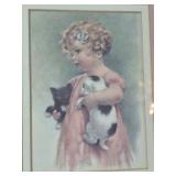 Framed Vintage Print – Child with Kitten and Black Cat