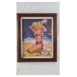 Framed Pin-Up Print – Blonde in Red Polka Dot Bikini on Beach