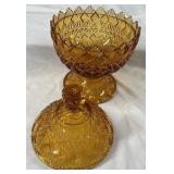 Vintage Amber Glass Covered Candy Dish – Diamond Pattern Pedestal