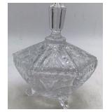 Vintage Crystal Candy Dish with Lid – Diamond Point and Fan Pattern Descriptio