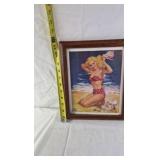 Framed Pin-Up Print – Blonde in Red Polka Dot Bikini on Beach