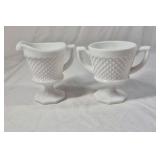Fenton Hobnail Milk Glass Table Set – Creamer, Sugar, Bowl, Candlesticks