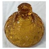 Vintage Amber Glass Covered Candy Dish – Diamond Pattern Pedestal