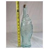 Vintage Aqua Glass Fish Bottle with Cork Stopper