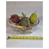 Vintage Glass Fruit Bowl – Embossed Fruit Design with Rattan Handle