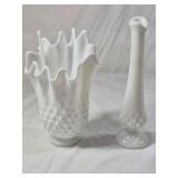 Fenton Hobnail Milk Glass Vases and Bowl