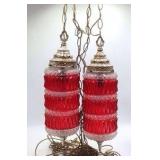 Vintage Hanging Swag Lamps – Red Glass with Brass Accents
