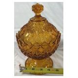 Vintage Amber Glass Covered Candy Dish – Diamond Pattern Pedestal