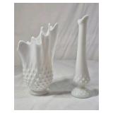 Fenton Hobnail Milk Glass Vases and Bowl