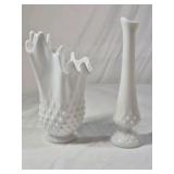 Fenton Hobnail Milk Glass Vases and Bowl