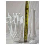 Fenton Hobnail Milk Glass Vases and Bowl
