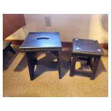 Lot of (2) Dark Stained Wood Stools 11"x11"x14", 9-1/2"x9-1/2"x12"