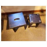 Lot of (2) Dark Stained Wood Stools 11"x11"x14", 9-1/2"x9-1/2"x12"