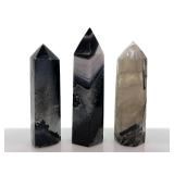 Natural Quartz Black Agate Obelisk Points - Smoky, Black & Clear, 3-Piece Set