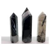 Natural Quartz Black Agate Obelisk Points - Smoky, Black & Clear, 3-Piece Set