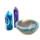 Blue & Purple Agate Obelisks with Teal Swirl Bowl