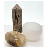 Jasper Tower Point Obelisk & Selenite Bowl & Moonstone or Sunstone Rock