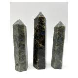 Labradorite Obelisk Crystal Towers - 3-Piece Set, Dark Gray with Blue Flash