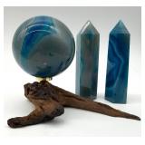 Blue Dyed Agate Sphere on Driftwood Base - 2 Dyed Agate Obelisks