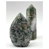 Moss Agate Obelisk & Teardrop Pair - Green Chalcedony Specimens