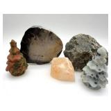 Mineral Rock Specimen Lot - Agate Slice, Himalayan Salt, Dark Rock & Carved Tree Stones (2-Pieces)