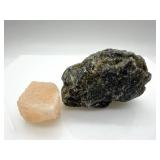 Mineral Rock Specimen Lot - Agate Slice, Himalayan Salt, Dark Rock & Carved Tree Stones (2-Pieces)
