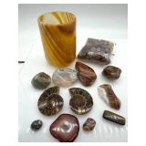 Banded Stone Cylinder Cup & Ammonite Fossils Polished Stone Collection