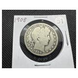 1908 Silver Barber Half Dollar